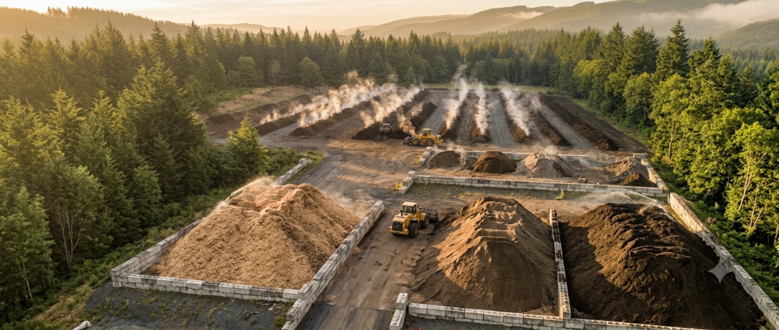 Aerial view of compost windrows steaming at sunrise, Charleston, Oregon